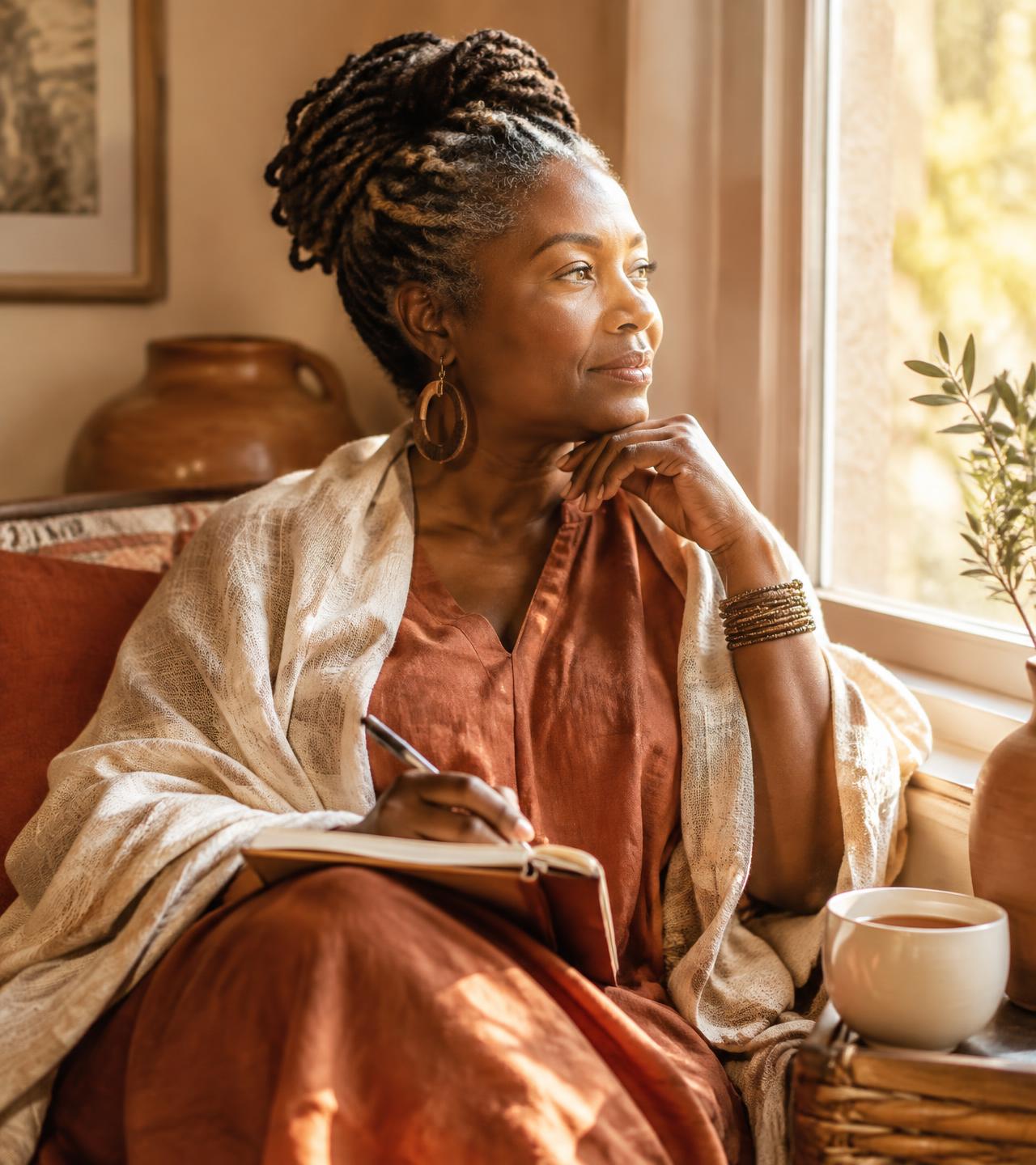 A woman reflecting by a sunlit window with her journal